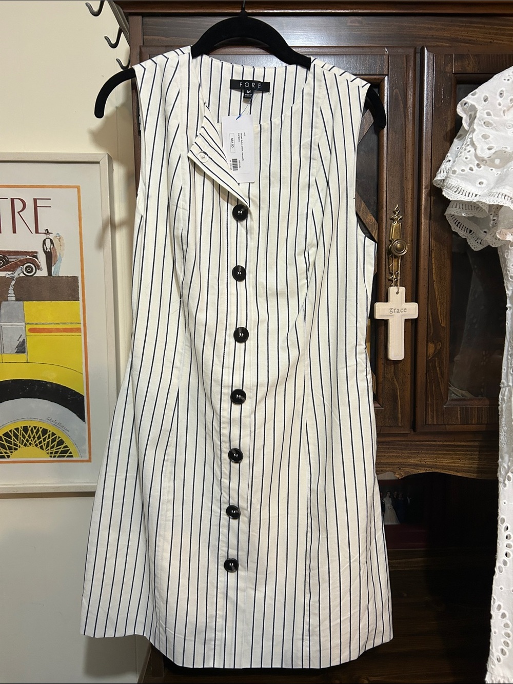 FORE Sleeveless White Pinstripe Mini Dress with Button Front